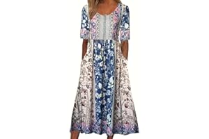 ABYOVRT Damska sukienka, luźna, letnia sukienka, długa sukienka w stylu boho, sukienka midi, okrągły dekolt, sukienka plażowa, sukienka midi, sukienka midi z kieszeniami, S-XXL