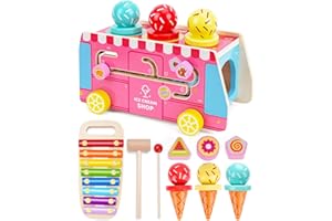 KMTJT Toddler Wooden Montessori Toys for 1 2 3 Years Old Girls | Pink Ice Cream Truck Pound A Ball Toy with Xylophone | 1st 2st First Birthday for 1-3 Years Kids - STEM Educational Toy