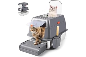 Bartuke Bac litière pour Chat en Acier Inoxydable mit Deckel, XXL boîte à litières en métal Amovible de côté avec entrée supérieure, Scoop, Anti-Fuite, Anti-Collant, Facile à Nettoyer(Gris foncé)