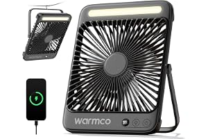 Warmco D4 Rechargeable Camping Fan, 20000mAh, Up to 48 Hours | Ultra-smal, LED-ljus, krokar, uppladdningsbar fläkt för campin