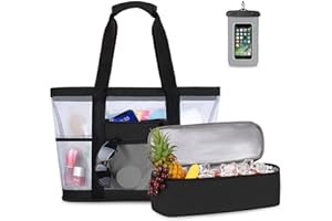 Atarni Grand sac de plage en maille - Sacs de plage avec glacière isolée à fermeture éclair - Sac de pique-nique - 8 poches pour le camping et les voyages