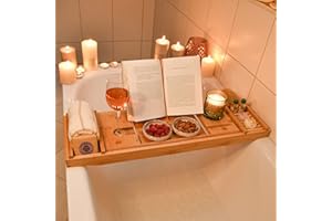Rainsworth Plateau de Baignoire, Pont de Baignoire en Bambou, Etagere Baignoire Coulissant, Plateau Baignoire avec Porte-Savon et Brosse de Bain