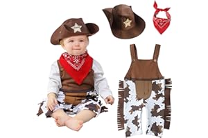 CMANLNYK Cowboy Costume Outfit for Baby Toddler Kid - Cowgirl Fancy Dress Up with Red Bandana & Sheriff Hat, Babies Role Play Cosplay Party Props, Boys Girls Halloween Christmas Birthday Gift
