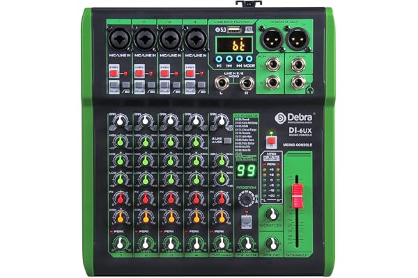 Mixeur DJ Professionnel 6 Canaux avec 99 Effets DSP, Entrée MP3, Alimentation Fantôme 48V, Contrôleur DJ avec Bluetooth et USB - Console de Mixage Audio (DI-6UX)