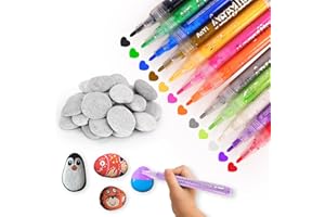 Zidoley 15 Stück Flache Steine zum Bemalen und 12 Farben Wasserfest Marker Acrylstifte für Flusskiesel, 3-5 cm Flach Kieselsteine zum Basteln, Deko-Steine, Bemalen Stifte für Kinder DIY