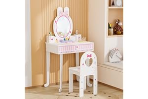 Bonnlo Schminktisch mit Hocker und Abnehmbarer Spiegel, Kindertisch mit Schublade für Mädchen ab 3 Jahren, Hasen-Design (Weiß)
