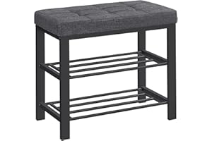 SONGMICS Shoe Bench, 3-Tier Shoe Rack for Entryway, Storage Organiser with Foam Padded Seat, Linen, Metal Frame, for Living Room, Hallway, 31 x 60 x 49 cm, Dark Grey and Black LBS576B01