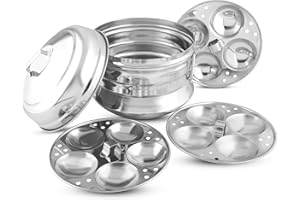KSJONE Traditioneller Idly Panai/Dampfgarer/Maker aus Edelstahl mit 3 tiefen Idly Tellern Dampf (13 Leerlauf), (Silber)