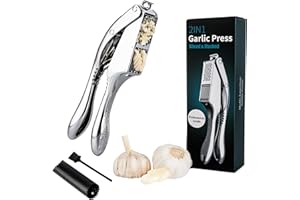 UPOHYEE Knoblauchpresse Edelstahl Klinge Gehäuse aus Aluminiumlegierung 2IN1 Knoblauchschneider Strapazierfähig mit Reinigungsbürste und Knoblauchschäler Garlic Press Knoblauch Crusher für Knoblauch Nuss