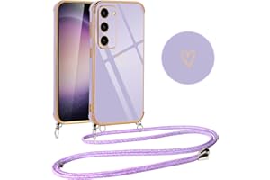 Vauki Funda con Cuerda para Samsung Galaxy S23, Patrón de Corazón TPU Carcasa, con Colgante Ajustable Collar Correa para el Cuello Cadena Cuerda, AntiChoque Silicona Cover para Samsung S23, Morado
