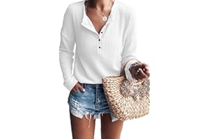 WNEEDU Damen Waffelstrick Pullover Langarm Henley Shirt Lässig T-Shirt V-Ausschnitt mit Knöpfe