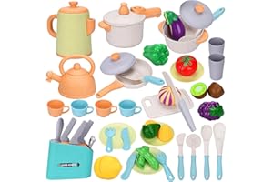 YUTUY Juguetes de Cocina para Niños Accesorios,42 Piezas Utensilios Cocina Juguete,Juego de ollas y sartenes,Frutas y Verduras Juguete,Cocinitas de Juguetes para Niños Niñas 3 4 5 Años