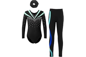 Fldy Kinder Mädchen Gymnastikanzug Langarm Mit Hose Lang Glitzer Turn Trikot Leggings Haargummi 3er Tanzkleidung Set