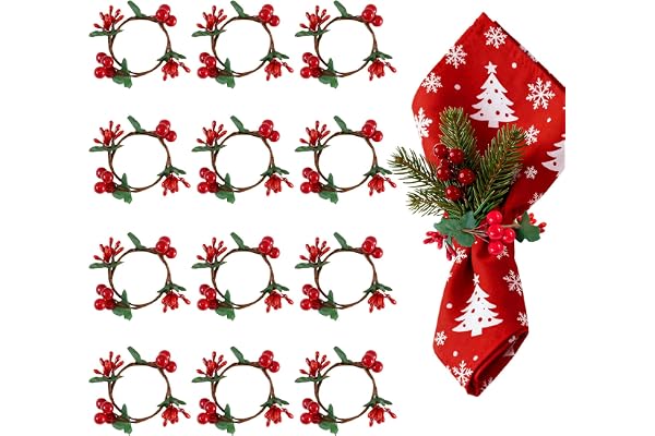 ACTOYS Rond de Serviette Noel 12 Pièces Ronds de Serviettes, Porte Serviette Noel Baie de Noël, Décorations Table pour Dîner, Fête (Baies Rouges, S)