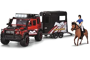 Dickie Toys - Set di trailer Horse (42 cm) – camion giocattolo rosso e nero con rimorchio per cavalli, cavallo e cavaliere – per bambini dai 3 anni in su