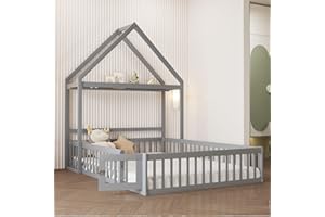 MYBOO Kinderbett Bodenbett Doppelbett 140x200 cm mit Sicherheitsgitter&Lattenrost&Dach&Kleiderstange, Montessori Bett Bed Gitterbett Hausbett Holzbett Bettgestell Jugendbett, Kiefernholz, Ohne Matratze,Grau