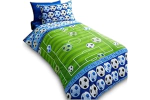 VELVETIO Easy Care Single Kids Duvet Cover Set with Pillowcase, Boys & Girls Football Bedding Bedset, Ultra Soft Reversible Soccer Sport Comforter Quilt, Blue
