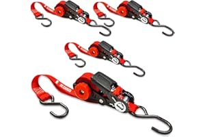 DC CARGO MALL Self-Storing NeatStrap Ratchet Strap 1 in x 15 ft | 4 Pack | Motorcycle, Kayak Ratcheting Strap Tie-Downs for Neat Hauling and Storing | Tie Down Cargo Securely in Pickup Bed, Moving Truck, Trailer