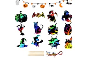 CRETVESTSAR 36 Pieces Halloween Scratch Art Bookmarks for Kids DIY Scratch Paper Art Tag with Wooden Stylus Ribbons Magic Rainbow Scratch Paper Bookmarks for Boys Girls Classroom Birthday Gifts (Halloween)