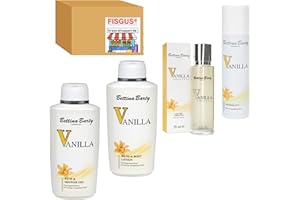 ‎FISGUS Bettina Barty Vanilla Pflege-Serie, Bath & Shower Gel 500ml - Hand & Body Lotion 500ml - Deo Spray 150ml - EdT 50ml - Zusammengestellt von FISGUS® by krass-shoppen-de