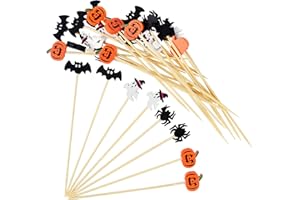 AWCIGG® 100 sztuk szpikulców koktajlowych na Halloween, drewniane wykałaczki z dekoracją, nietoperz, pająk, dynia, koktajle, Halloween, horror, dekoracja tematyczna