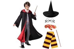 URAQT Costume de Magicien, Robe de Sorcier avec Cravate, Ensemble de Costumes Cape avec Lunettes, Baguette Magique, Écharpe et Cravate, Cravate Magicien Costume Garçons et Filles