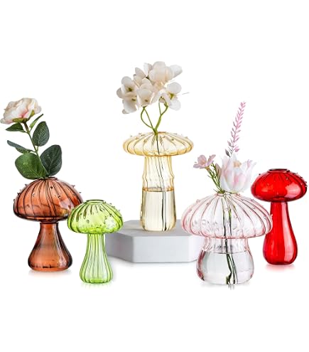 Glasseam Set Di 5 Vasi In Vetro Colorato A Forma Di Fungo Con Supporto In Legno - Terrario Per Piante