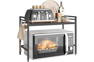 NETEL Expandable Microwave Stand, 2 Tier Microwave oven Rack with 8 Hooks, Height Adjustable Oven Stand for Kitchen, Width 40–65 cm freely adjustable, kitchen shelf organiser Black