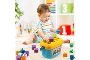 Dwellinger Baby Plastic First Block Shapes and Sorter, 16 Blocks, ABCD Blocks with Other Shapes, Toys for 6 Months to 2 Years