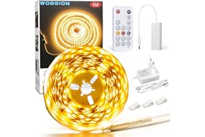 WOBSION Striscia LED Cucina 5 Metri Dimmerabile con RF Telecomando,Bianco Caldo Strisce Kit 3000K per Festa,la Casa,Bar,Letto,Camera e Armadio,12V Alimentatore Luminoso Luci da 300 LEDs