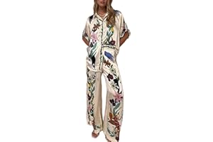 BETRODI Women Boho Print 2 Piece Pants Set Summer Short Sleeve Button Down Shirt Wide Leg Pants Holiday Matching Lounge Set