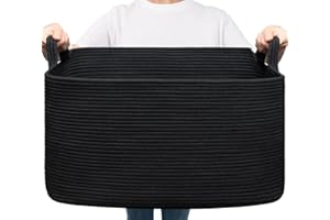TIMEYARD Braided Laundry Basket, Black Basket, Braided Storage Basket for Baby Toys, Square Laundry Baskets, Basket Storage for Blankets, Cushions, Guest Towel Basket, 65 L, Black