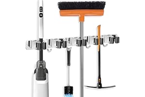 AMSAMOTION Besenhalterung Wand, 5 Halter + 4 Haken Schwarz Schwerlast Gerätehalter Selbstklebend, Besenhalter mit Nails Installieren, Wandhalterung Besen,Gartengerätehalter Edelstahl