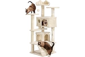 Yaheetech Árbol Rascador para Gatos 139cm con 3 Plataformas 2 nidos 2 Pompones Torre de Escalador con Postes en sisal Ideal para 3-4 Gatos Beige