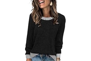 Cuptacc Jersey Mujer Moda Bloques De Color Manga Larga Suéter Mujer Holgada Acanalado Cuello Redondo Sudaderas