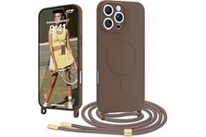 Ethanger Handykette für iPhone 16 Pro Max Hülle mit Band [Kompatibel mit Magsafe] Flüssig Silikon Necklace Handyhülle Magnetische Schutzhülle zum Umhängen Kordel für iPhone 16 Pro Max Braun