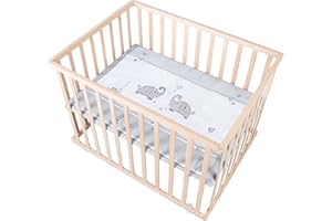 roba Laufgitter Jumbotwins 75 x 100 cm inkl. Einlage - Mobiles Krabbelgitter mit Rollen - Laufstall höhenverstellbar - Holz natur