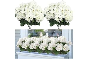Laelfe 4 Pcs Geranios Artificiales Exterior, Ramo de Geranios Flores Artificiales para Exterior Interior Hogar Jardin Patio Balcón Maceta Colgante Decoración de Mesa (Blanco, 4 Pcs)