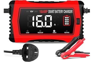 ADFUAER 16-Amp Battery Charger, 12V 24V Lithium LiFePO4 Lead Acid Car Battery Charger 10-Stage Trickle Charger Smart Battery Maintainer w/Temp Compensation for Car Truck Lawn Mower Boat Marine