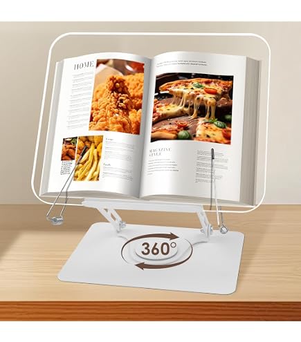 Leggio Regolabile Per Lettura A Mani Libere Con Base Girevole 360° E Clip Pagine - Supporto Pieghevole In Metallo E Legno Per Libri, Tablet, PC