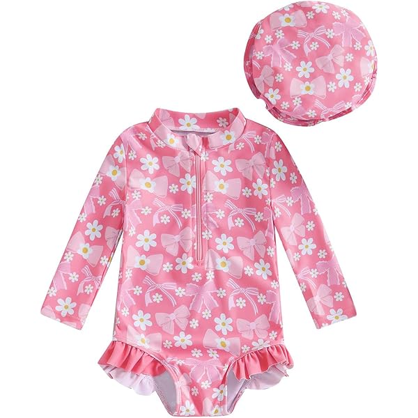 Maillot De Bain 1 Pièce Fille Bébé - Motif Floral Manches Longues + Chapeau UV