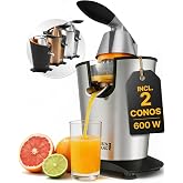 LEBENLANG Electric Orange Juicer 600W - Incl. Stainless Steel Cone | Incl. BPA Free I Citrine Stirrer Automatic Juicer Orange