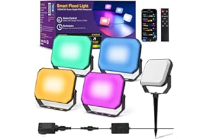 OUTON Foco LED Exterior, 24W RGBAICW Iluminación Paisajística Inteligente con APP, Compatible Alexa, 2200-6500K, Impermeable IP65, 44 Modos Escena, Sincronía musical para Jardín y Patio, Pack de 4