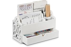 Optyuwah Drewniany organizer na biurko z szufladą, półka na listy z szufladą, organizer biurowy, półka, pojemnik na długopisy, uchwyt na dokumenty, kolor biały