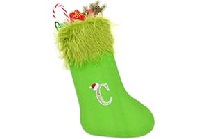 TOPWAYS Weihnachtsstrumpf, 50cm Grinch Weihnachtsstrumpf Gestrickt, Personalisierte Weihnachtsstrümpfe mit Buchstaben, Weihnachtsbaum Kamin Hängende Ornamente Geschenkhalter Weihnachtsdekorationen