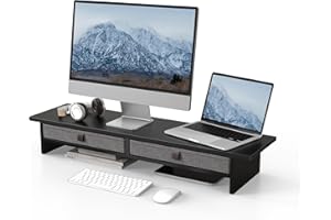 Fenge Supporto per Doppio Monitor con Cassetto 90 cm Organizzatore da Scrivania a 2 Strati per PC/Laptop/Stampante/TV L90 x L23,5 x H14,2 cm (Nero)