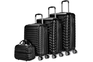NUMADA-Juego de Maletas Rígidas 4pzs. Mod. Newteck Maleta Cabina 53cm, M. Mediana 63cm, M. Grande 75cm y Neceser, ABS Eco Friendly, 4 Ruedas Dobles, Cierre Combinación (Negro)