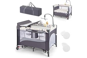 Maxmass 6-in-1 Baby Travel Cot, Infant Bedside Sleeper with Detachable Changing Table, Music Box and Hanging Toys, Adjustable Nursery Center for Newborn Toddlers (Bear)