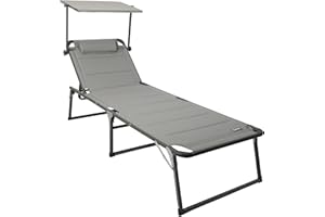 HOMECALL Chaise longue en aluminium avec rembourrage en textilène 2x1, mousse à séchage rapide, pare-soleil, XXL (200 x 70 cm) - Gris clair