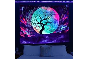 HOLAVIDA Arazzo Albero Vita, Psichedelico UV Luminoso Mandala Arazzo da Parete Decorazioni Casa per Camera da Letto Soggiorno Dormitorio(150cm×130cm)